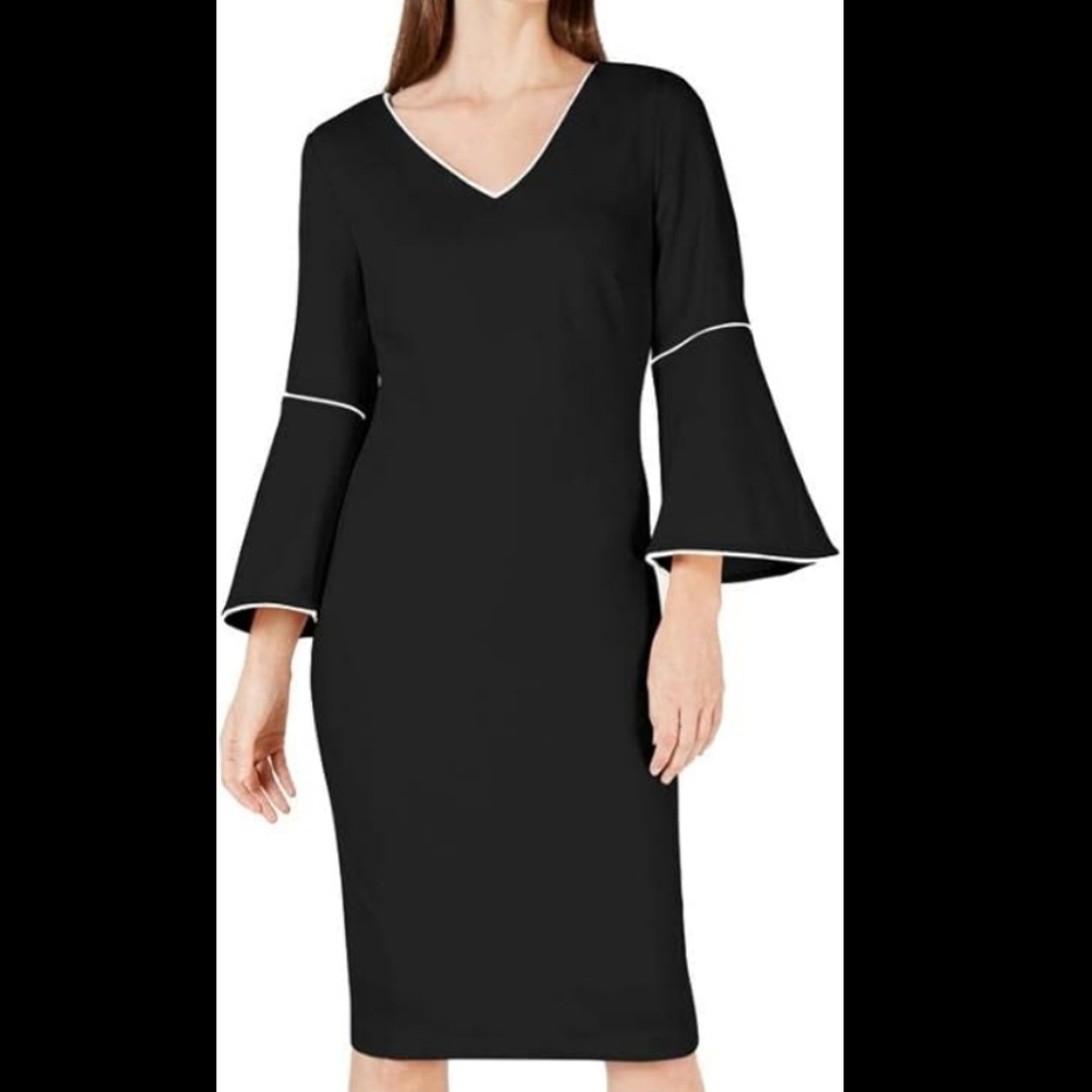 ⭐Sharagano Black Straight Bell Sleeve V Neck Dress With White Details Size 2